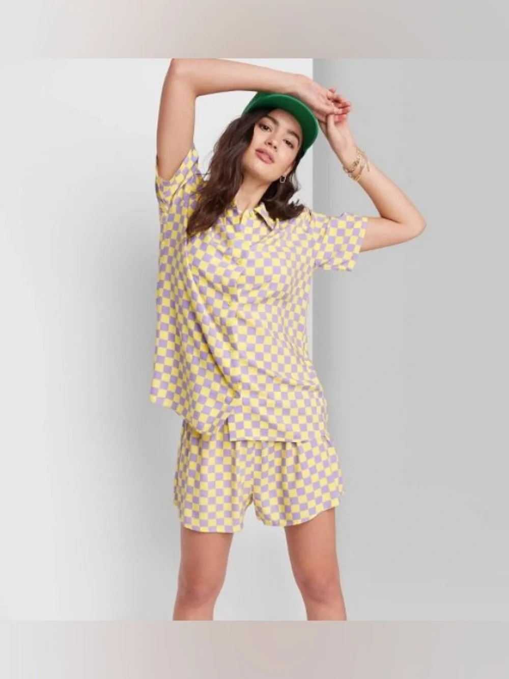 Ascot & Hart Yellow & Lavender Check Button Down + Shorts Lounge Set